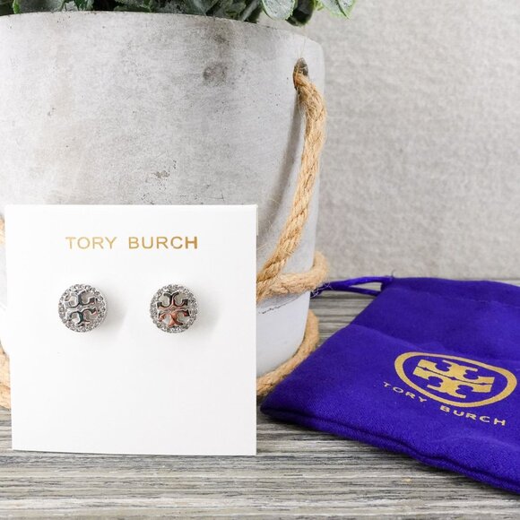 Tory Burch Miller Pavé Stud Earrings Silver/Crystal OS - Picture 5 of 14